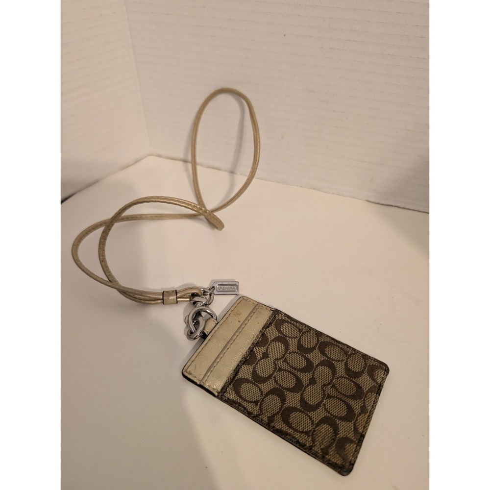 Coach Gold Logo Print Leather Canvas Women's ID Holder Lanyard Document Case